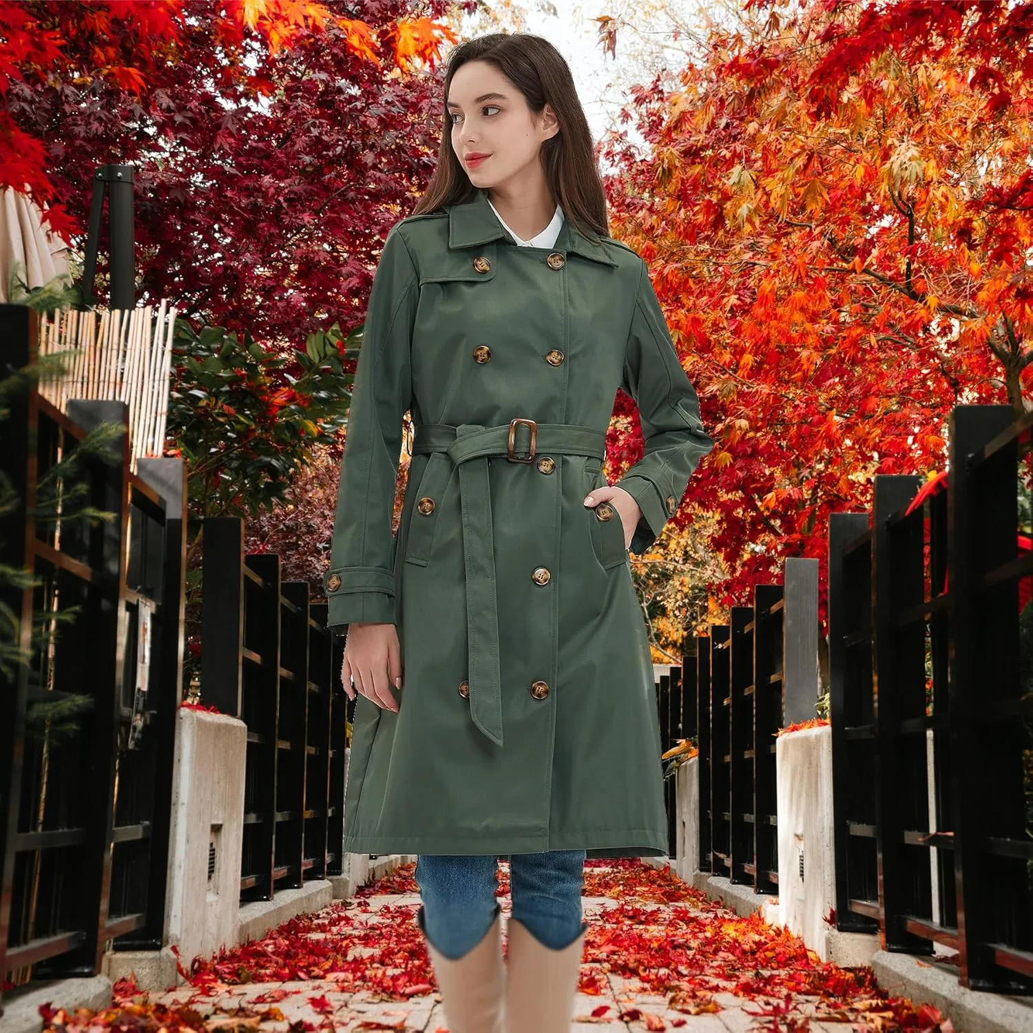 Womens Trench Coat Double-Breasted Long windbreak Belted Slim Outerwear Coat with Detachable Hood S-2XL