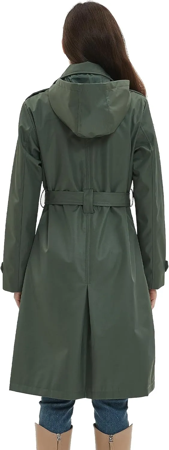 Womens Trench Coat Double-Breasted Long windbreak Belted Slim Outerwear Coat with Detachable Hood S-2XL