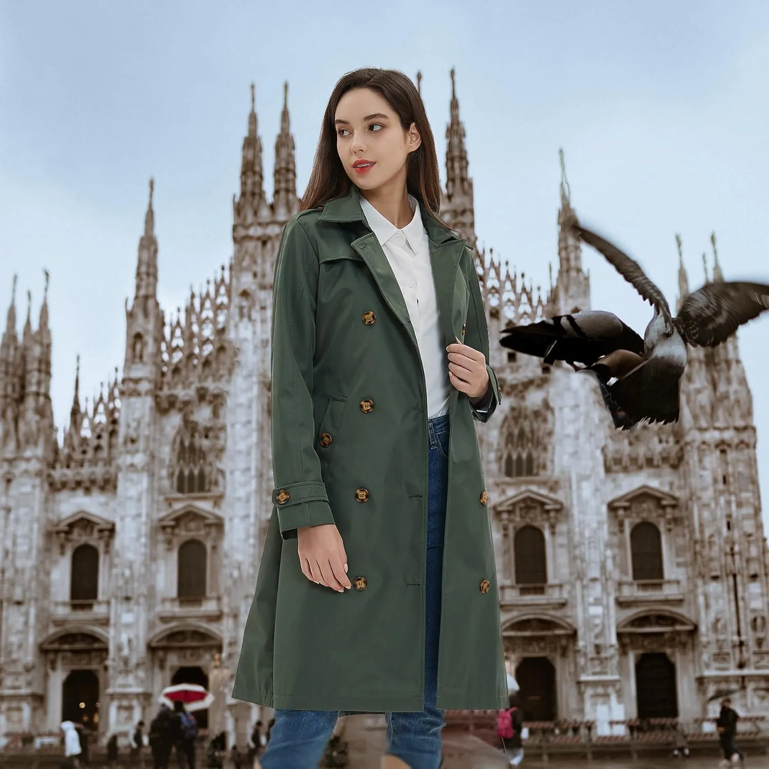 Womens Trench Coat Double-Breasted Long windbreak Belted Slim Outerwear Coat with Detachable Hood S-2XL