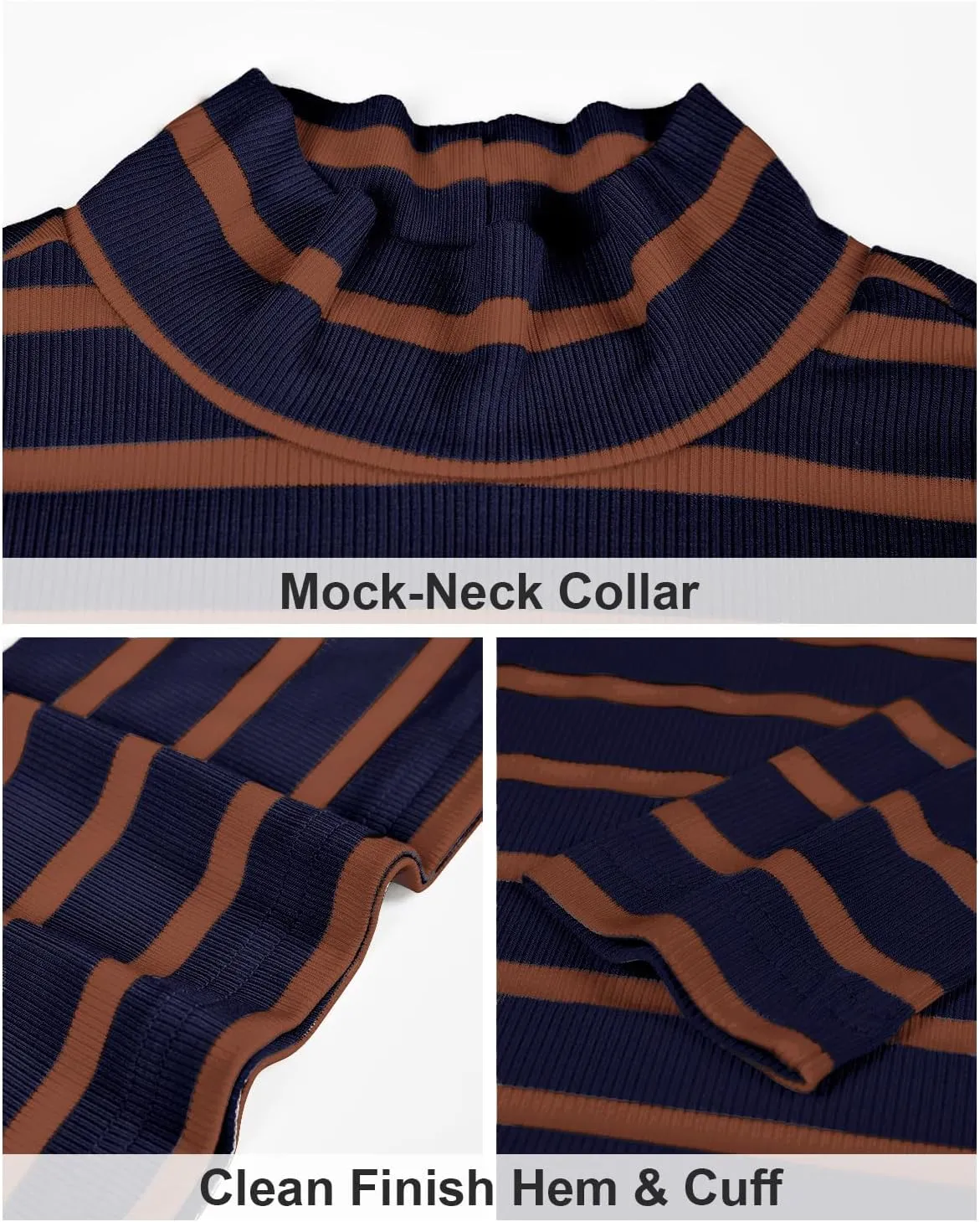 Zengjo Striped Turtleneck Women Long Sleeve Shirt - Fitted Ribbed Mock Neck Basic Layering Undershirt