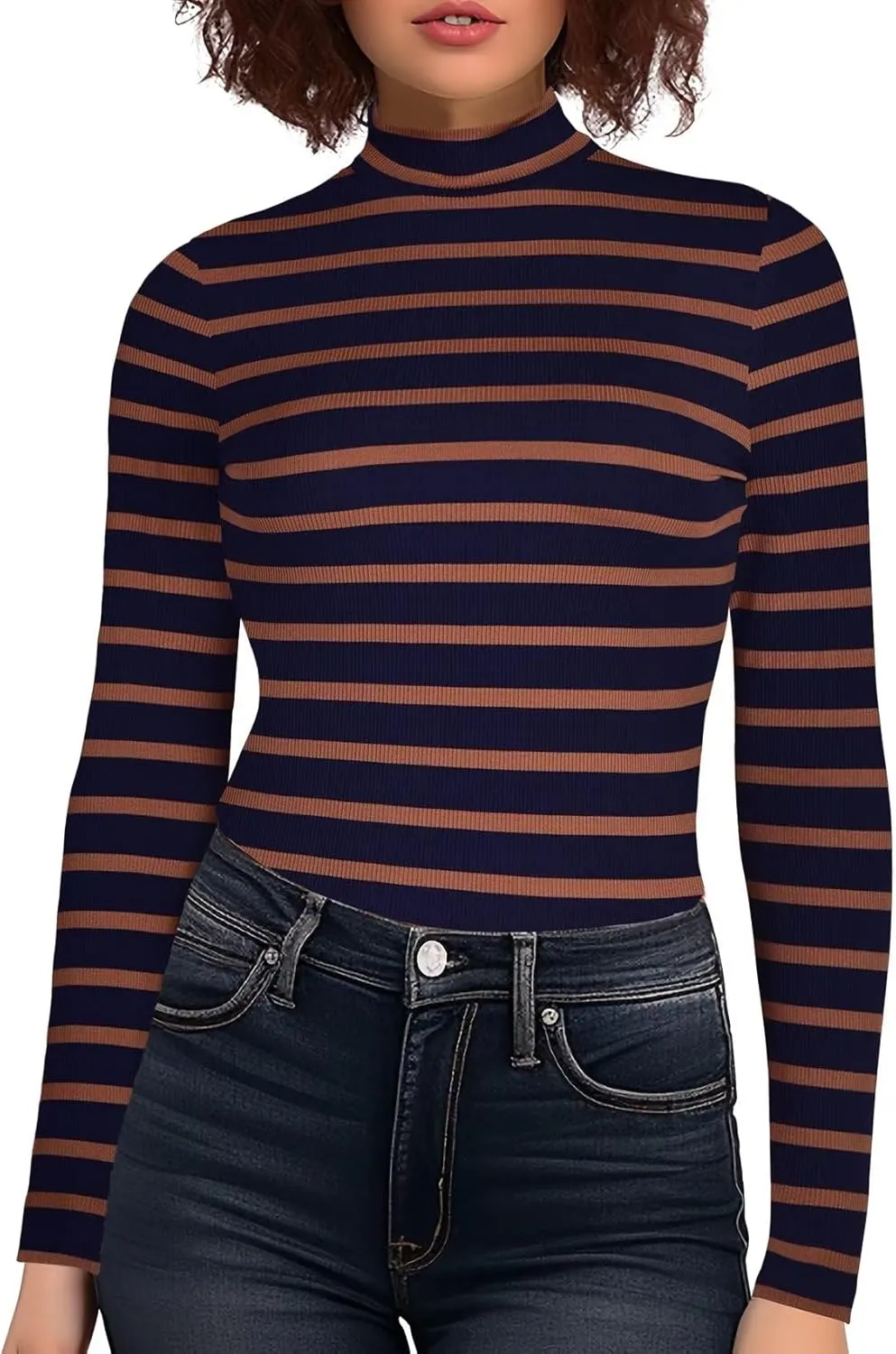 Zengjo Striped Turtleneck Women Long Sleeve Shirt - Fitted Ribbed Mock Neck Basic Layering Undershirt