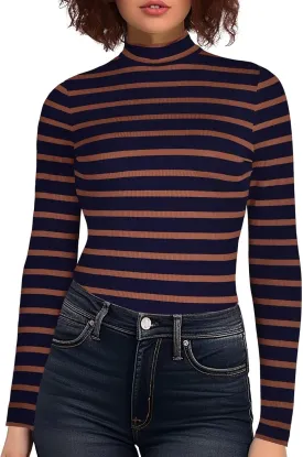 Zengjo Striped Turtleneck Women Long Sleeve Shirt - Fitted Ribbed Mock Neck Basic Layering Undershirt